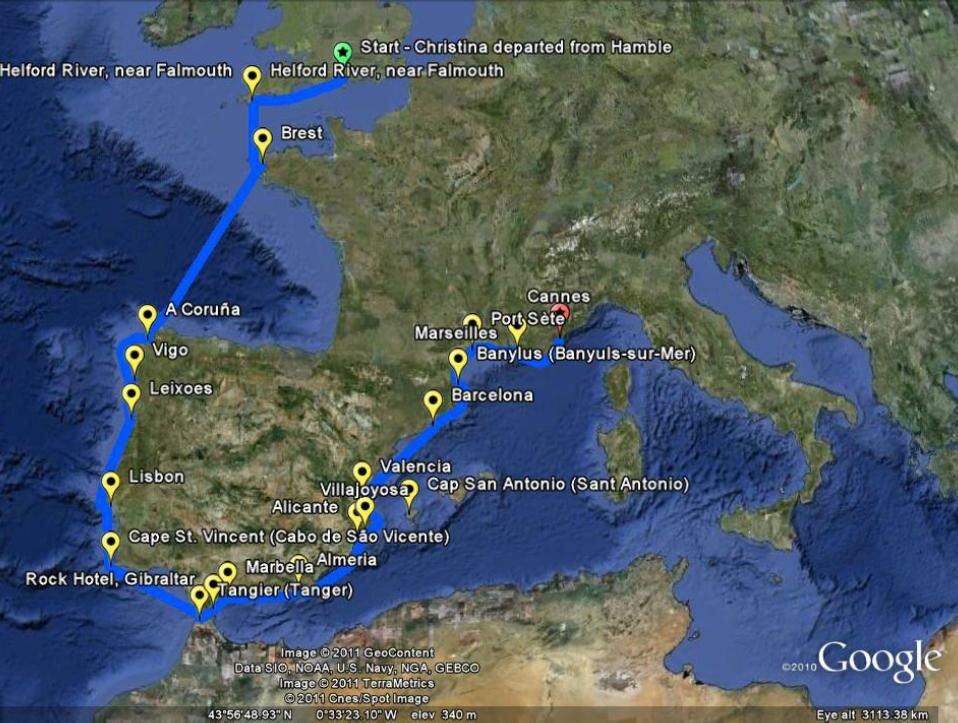 Christina's May 1960 voyage - view of the journey on Google Earth